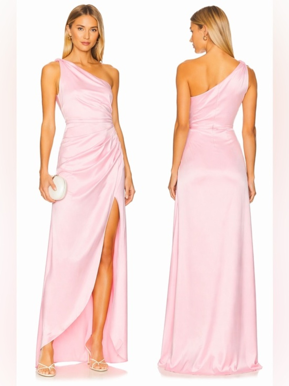 Elliatt Pink Satin One Shoulder Maxi Dress Draped Slip Gown Formal Size L